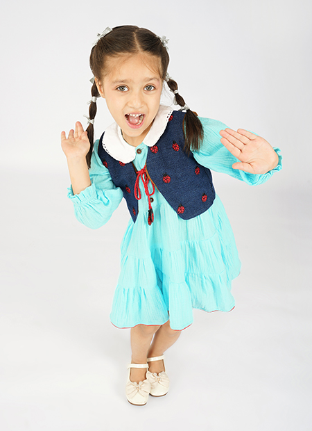 Aqua Tiered Dress with Ladybug Waistcoat